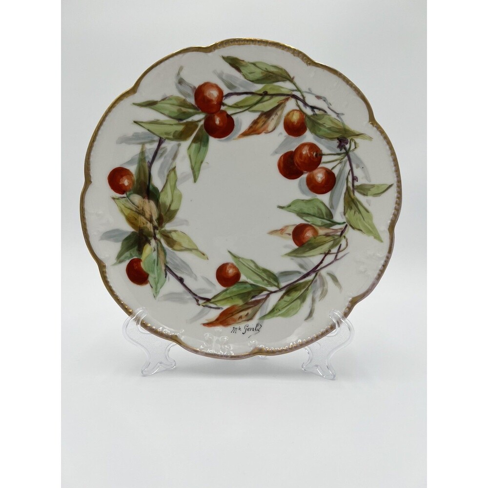 Signed Limoges Antique Plate Cherries & Leaves Gilt Edge 8 6/8" M Gerald Artist